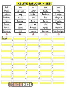H SESİ KELİME TABLOSU YAZMA ÇALIŞMASI