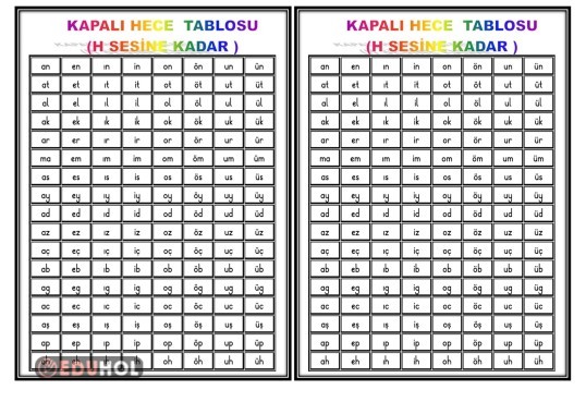 KAPALI HECE TABLOSU(H SESİNE KADAR-Defter Çalışması)