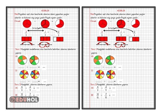 KESİRLER-13-(Paydaları Eşit Kesirlerle Çıkarma İşlemi Defter Çalışması)