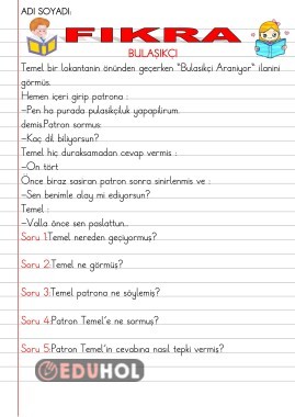 OKUDUĞUNU ANLAMA ETKİNLİKLERİ-14-(Fıkra-Bulaşıkçı)
