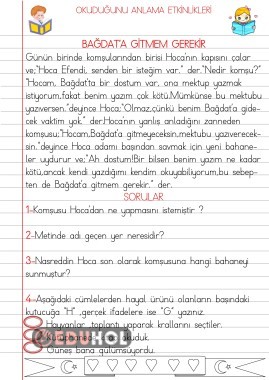 OKUDUĞUNU ANLAMA ETKİNLİKLERİ(BAĞDAT’A GİTMEM GEREKİR)