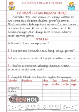 OKUDUĞUNU ANLAMA ETKİNLİKLERİ(EVLERİMİZİ ÇOKTAN BAŞIMIZA YIKMIŞTI)