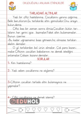 OKUDUĞUNU ANLAMA ETKİNLİKLERİ(TARLADAKİ ALTINLAR)