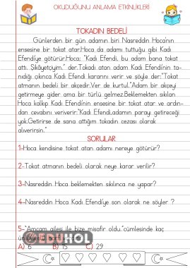 OKUDUĞUNU ANLAMA ETKİNLİKLERİ(TOKADIN BEDELİ)