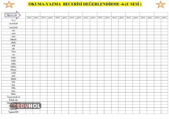 OKUMA-YAZMA  BECERİSİ DEĞERLENDİRME 6(U SESİ)
