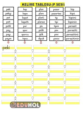 P SESİ KELİME TABLOSU YAZMA ÇALIŞMASI