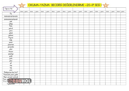 P SESİ OKUMA-YAZMA  BECERİSİ DEĞERLENDİRME 20