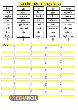 Ş SESİ KELİME TABLOSU YAZMA ÇALIŞMASI