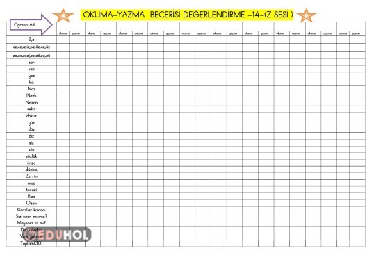 Z SESİ OKUMA-YAZMA  BECERİSİ DEĞERLENDİRME 14