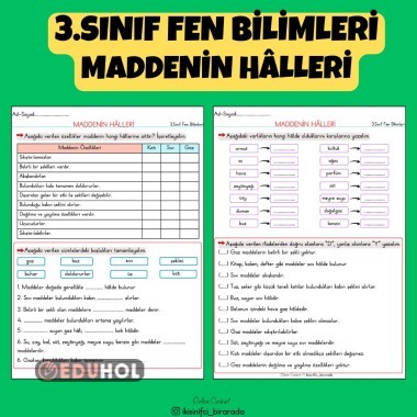 3.SINIF FEN BİLİMLERİ MADDENİN HÂLLERİ ETKİNLİKLERİ