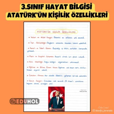 3.SINIF HAYAT BİLGİSİ ATATÜRK’ÜN KİŞİLİK ÖZELLİKLERİ DEFTER ÖZETİ