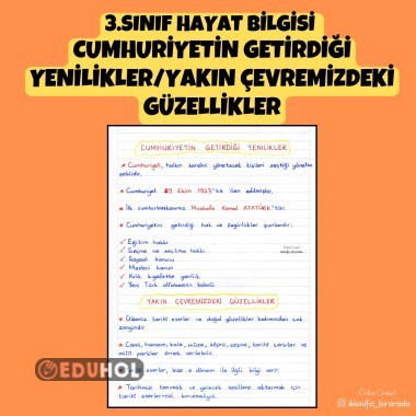 3.SINIF HAYAT BİLGİSİ  CUMHURİYETİN GETİRDİĞİ YENİLİKLER/YAKIN ÇEVREMİZDEKİ GÜZELLİKLER DEFTER NOTU