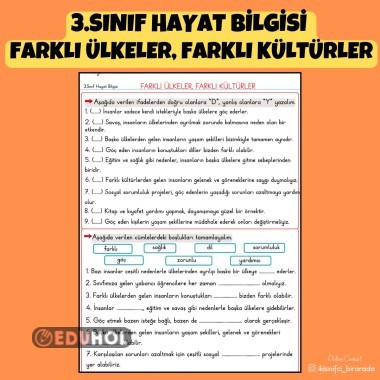 3.SINIF HAYAT BİLGİSİ  FARKLI ÜLKELER, FARKLI KÜLTÜRLER ETKİNLİKLERİ