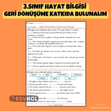 3.SINIF HAYAT BİLGİSİ  GERİ DÖNÜŞÜME KATKIDA BULUNALIM ETKİNLİK