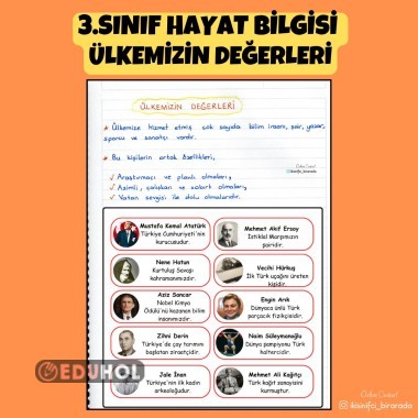 3.SINIF HAYAT BİLGİSİ  ÜLKEMİZİN DEĞERLERİ DEFTER NOTU