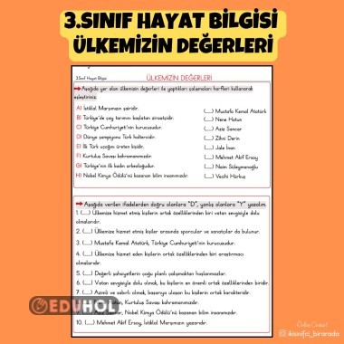 3.SINIF HAYAT BİLGİSİ  ÜLKEMİZİN DEĞERLERİ ETKİNLİĞİ