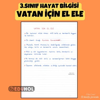 3.SINIF HAYAT BİLGİSİ  VATAN İÇİN EL ELE DEFTER NOTLARI