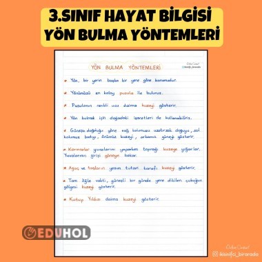3.SINIF HAYAT BİLGİSİ  YÖN BULMA YÖNTEMLERİ DEFTER NOTU