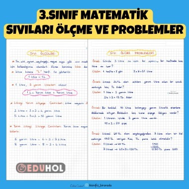3.SINIF MATEMATİK  SIVILARI ÖLÇME VE PROBLEMLER DEFTER NOTU