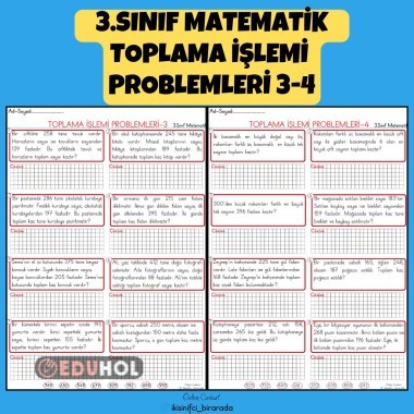 3.SINIF MATEMATİK TOPLAMA İŞLEMİ PROBLEMLERİ 3-4
