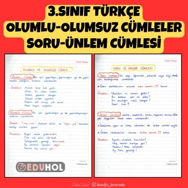 3.SINIF TÜRKÇE OLUMLU-OLUMSUZ, SORU VE ÜNLEM CÜMLESİ DEFTER NOTU