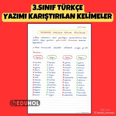 3.SINIF TÜRKÇE YAZIMI KARIŞTIRILAN KELİMELER DEFTER NOTU