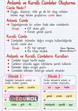 Anlamlı ve Kurallı Cümleler Defter Notu | 2. Sınıf Türkçe