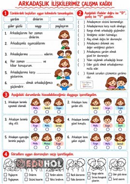 Arkadaşlık İlişkilerimiz Hayat Bİlgisi Çalışma Kağıdı ( Renkli- Renksiz)