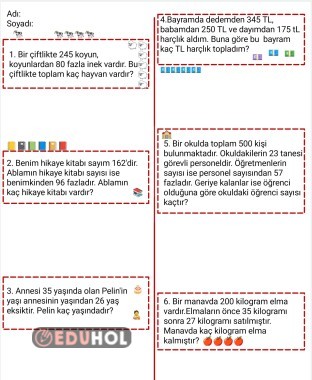 3. Sınıf toplama-çıkarma işlemi problemleri