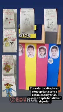 Bu dönem uyguladığım Kitap okuma yöntemim. Öğrencilerimi kitabı okuyup deftere kitapla ilgili minik bir resim çiziyor. Kitabın adı sayfa sayısı, tarihi atıyor en son Veliyim sayfanın altına imza atıyor. Her on kitapta çocuğun sticker kazanıyor.
https://instagram.com/esrahmetogretmen?utm_source=qr