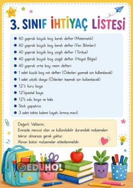 3. Sınıf ihtiyaç listesi