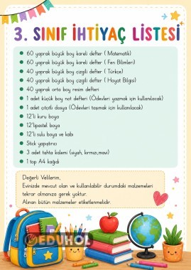 3. Sınıf ihtiyaç listesi