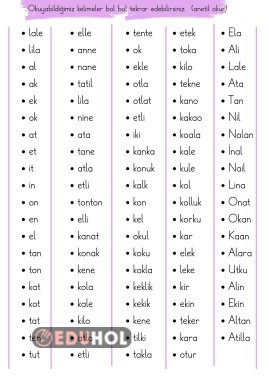 Anetil okur Sesleri Kelime Okuma Sayfası