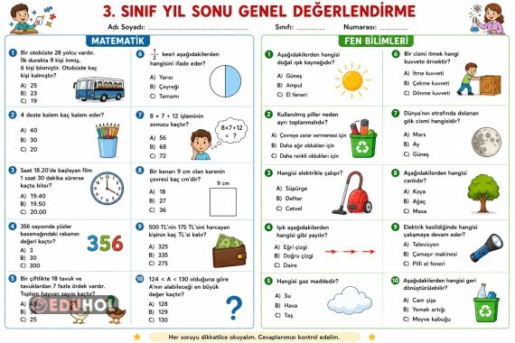 3 sınıf matematik ve fen bilimleri Mini değerlendirme