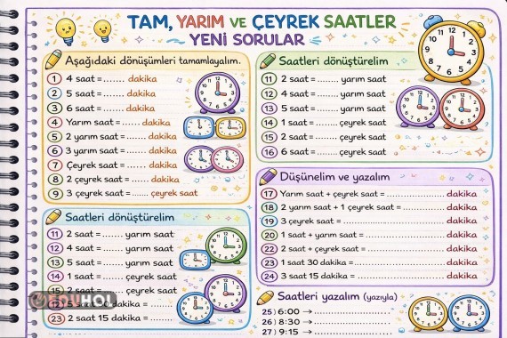 Tam, Yarım ve Çeyrek Saatler Dönüşüm Soruları