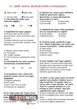 4. SINIF SOSYAL BİLGİLER ETKİN VATANDAŞLIK 18 SORULUK KONU TARAMA TESTİ