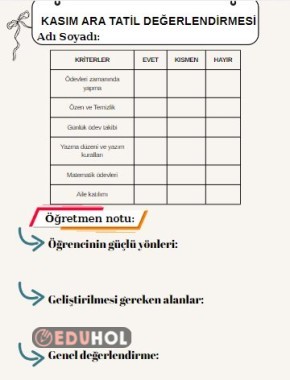 Ara tatil ödevi değerlendirme kağıdı