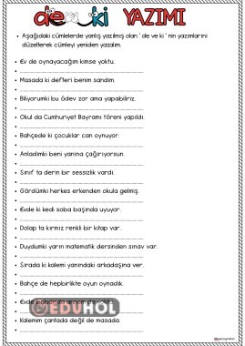 de ve ki nin yazımı çalışma kağıdı