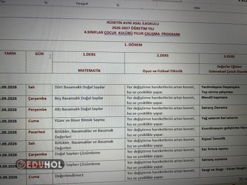 4.SINIF ÇOCUK KULÜBÜ ÇALIŞMA PLANI