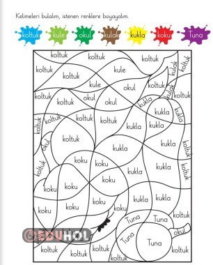 1. Sınıf kelimeleri oku doğru renge boya