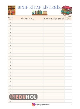 Sınıf Kitap Listesi Şablonu(Sınıf Kitaplığı)