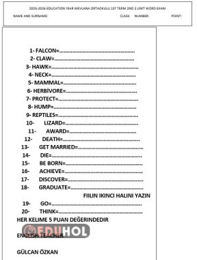 5.sınıf 3.unıte kelıme sınavı