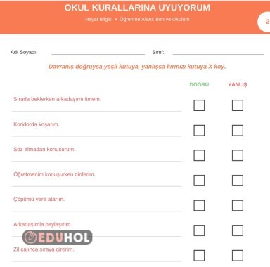 1. SINIF HAYAT BİLGİSİ-BEN VE OKULUM-Okul Kurallarına Uyuyorum