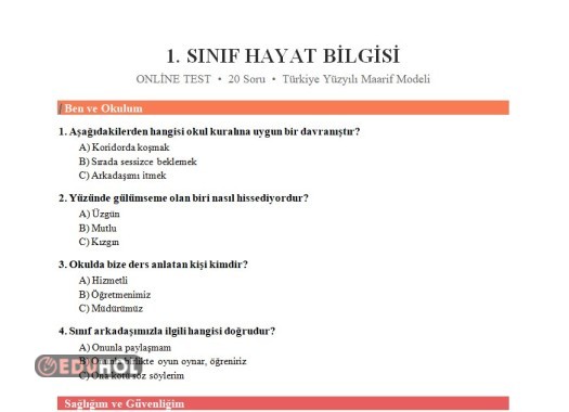 1. Sınıf Hayat Bilgisi Üniteler Testi Ben ve Okulum