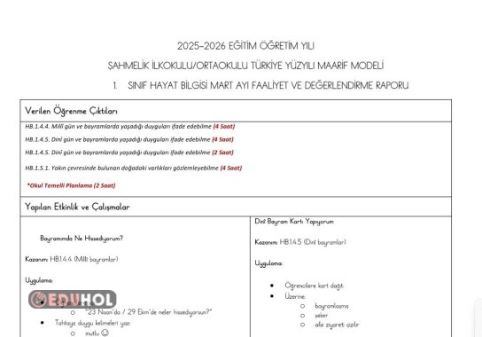 1.SINIF HAYAT BİLGİSİ  DERSİ MART AYI FAALİYET VE DEĞERLENDİRME RAPORU