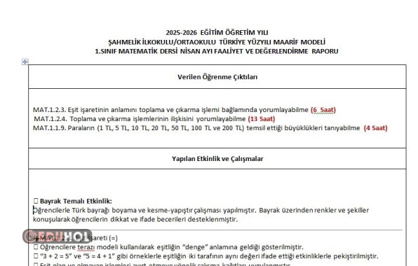 1.SINIF MATEMATİK DERSİ NİSAN AYI FAALİYET VE DEĞERLENDİRME RAPORU