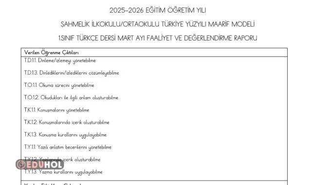1.SINIF TÜRKÇE DERSİ MART AYI FAALİYET VE DEĞERLENDİRME RAPORU