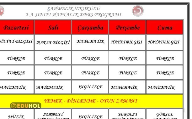 2-A SINIFI HAFTALIK DERS PROGRAMI