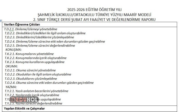 2.SINIF TÜRKÇE DERSİ ŞUBAT AYI FAALİYET VE DEĞERLENDİRME RAPORU