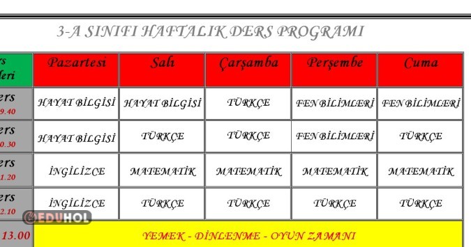 3-A SINIFI HAFTALIK DERS PROGRAMI